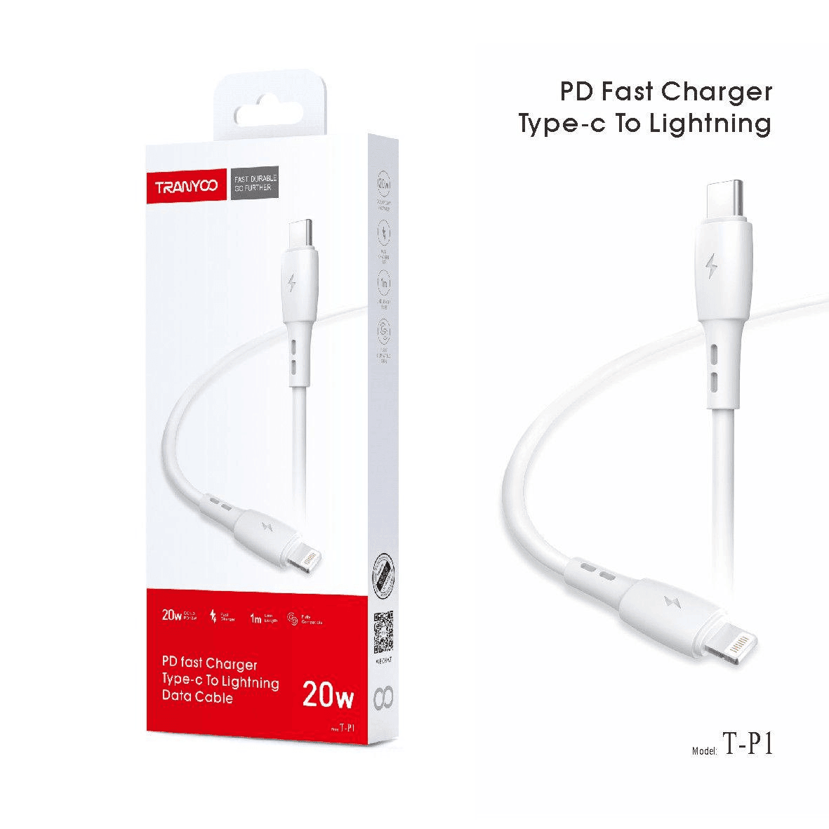 TRANYOO (T-P1) 1M PD 20W Fast Charging Type C to 8 Pin Lightning Cable PD Cable Data Charger Cord For Apple Devices TRANYOO (T-P1) 1M PD 20W Fast Charging Type C to 8 Pin Lightning Cable PD Cable Data Charger Cord For Apple Devices
